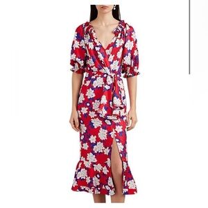 $650 Saloni long dress midi 100% silk red floral Olivia size XS Jacquard puff